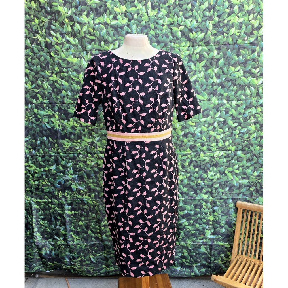 Boden Black Pink Floral Sheath Dress Womens US 12L Textured Midi Career
